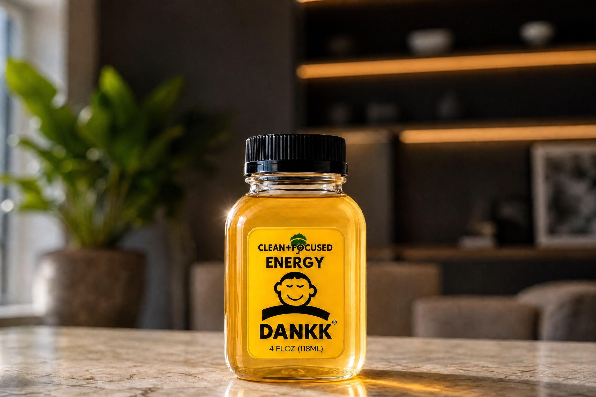 DANKK 4 fl oz bottle glowing yellow on a marble counter