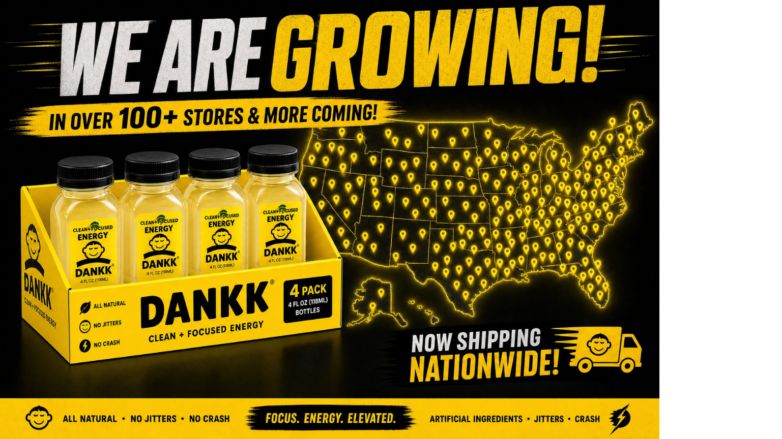 Map of the United States with yellow DANKK location pins, now shipping nationwide