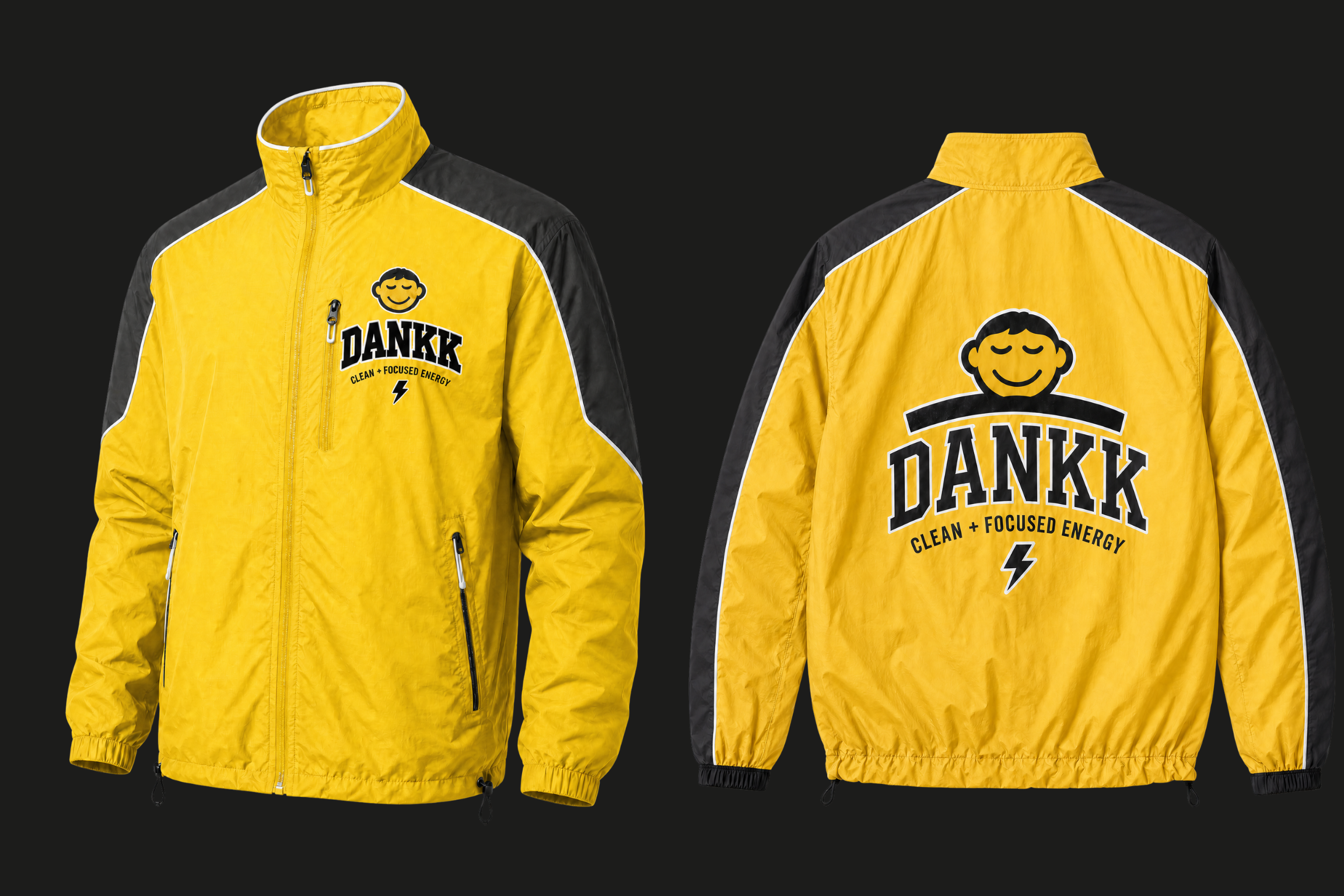 Black DANKK pullover hoodie with yellow drawstring accent