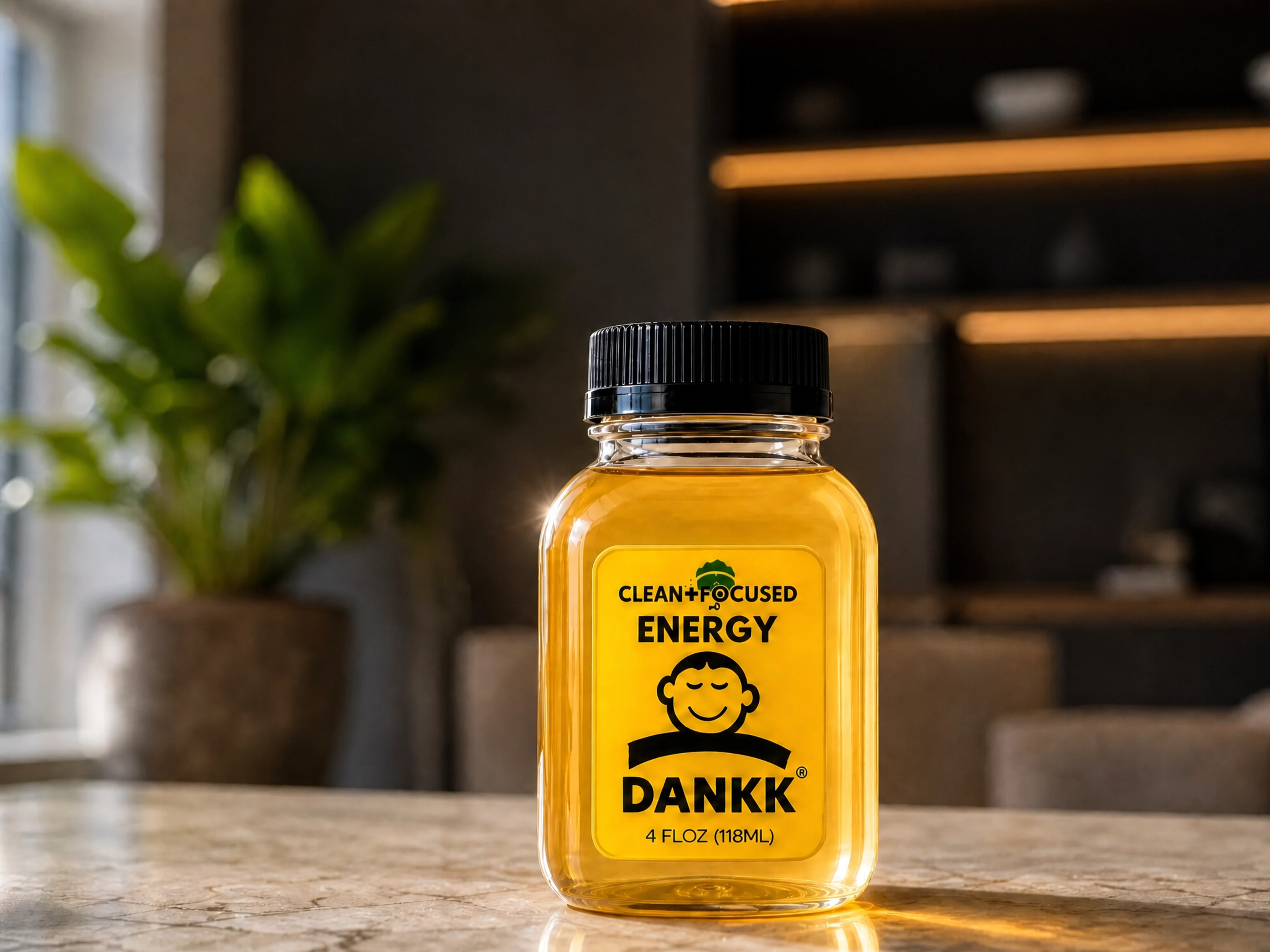 DANKK Clean Focused Energy 4 fl oz bottle on a marble counter
