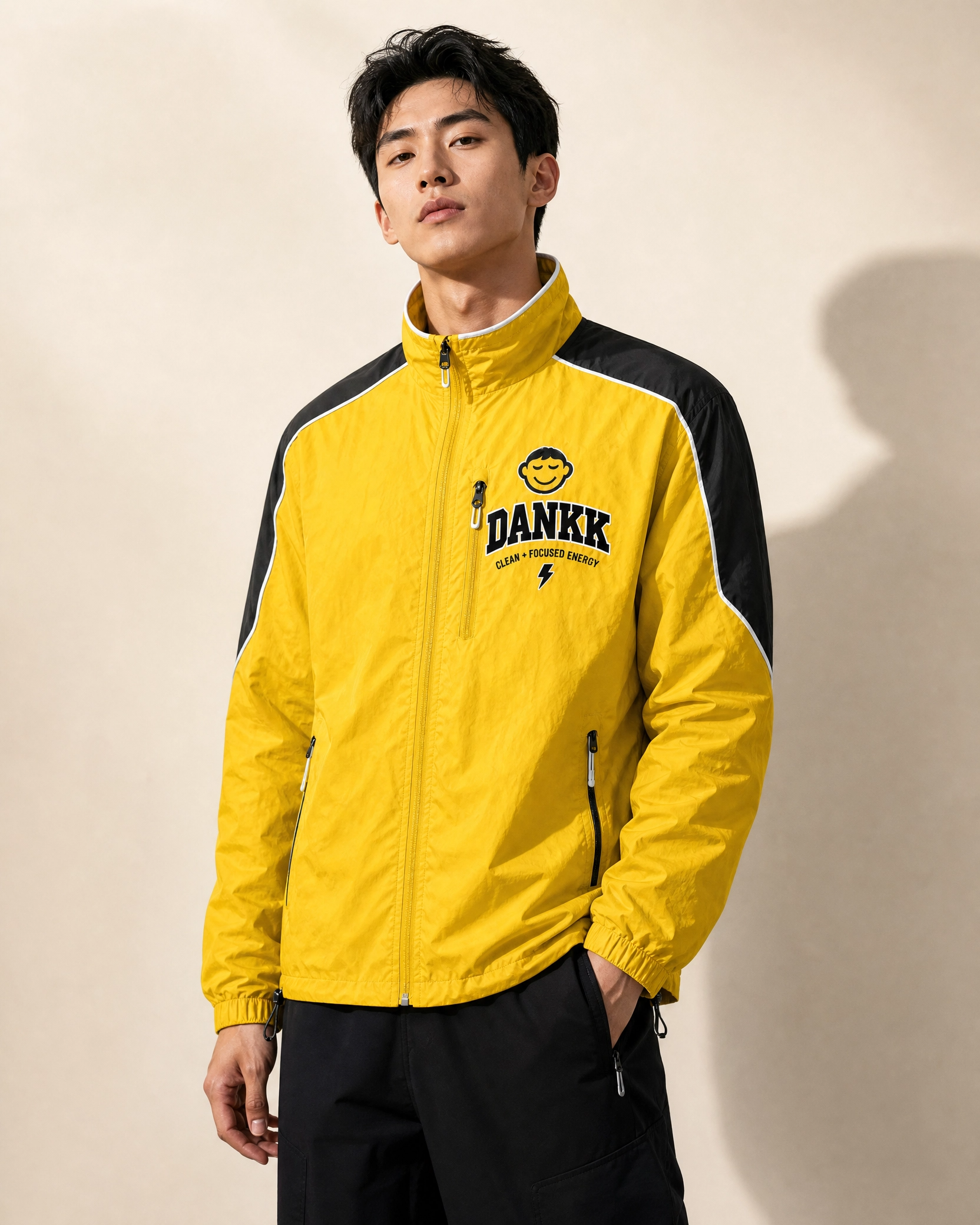 Model wearing the yellow DANKK varsity jacket, front view