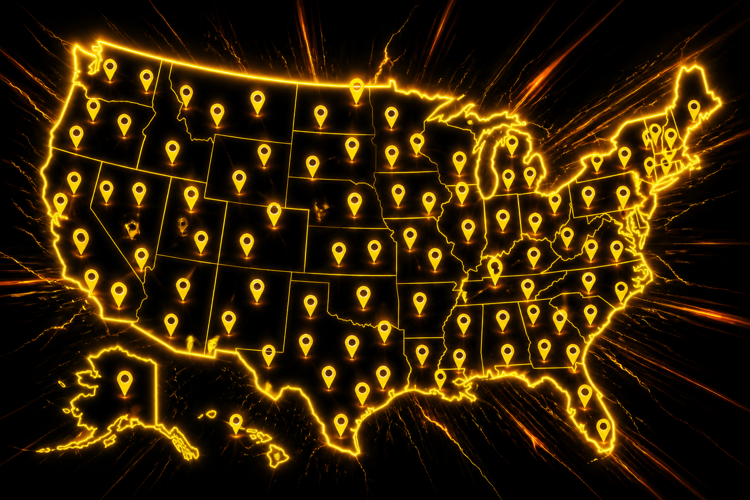 Map of the United States with yellow DANKK location pins, now shipping nationwide