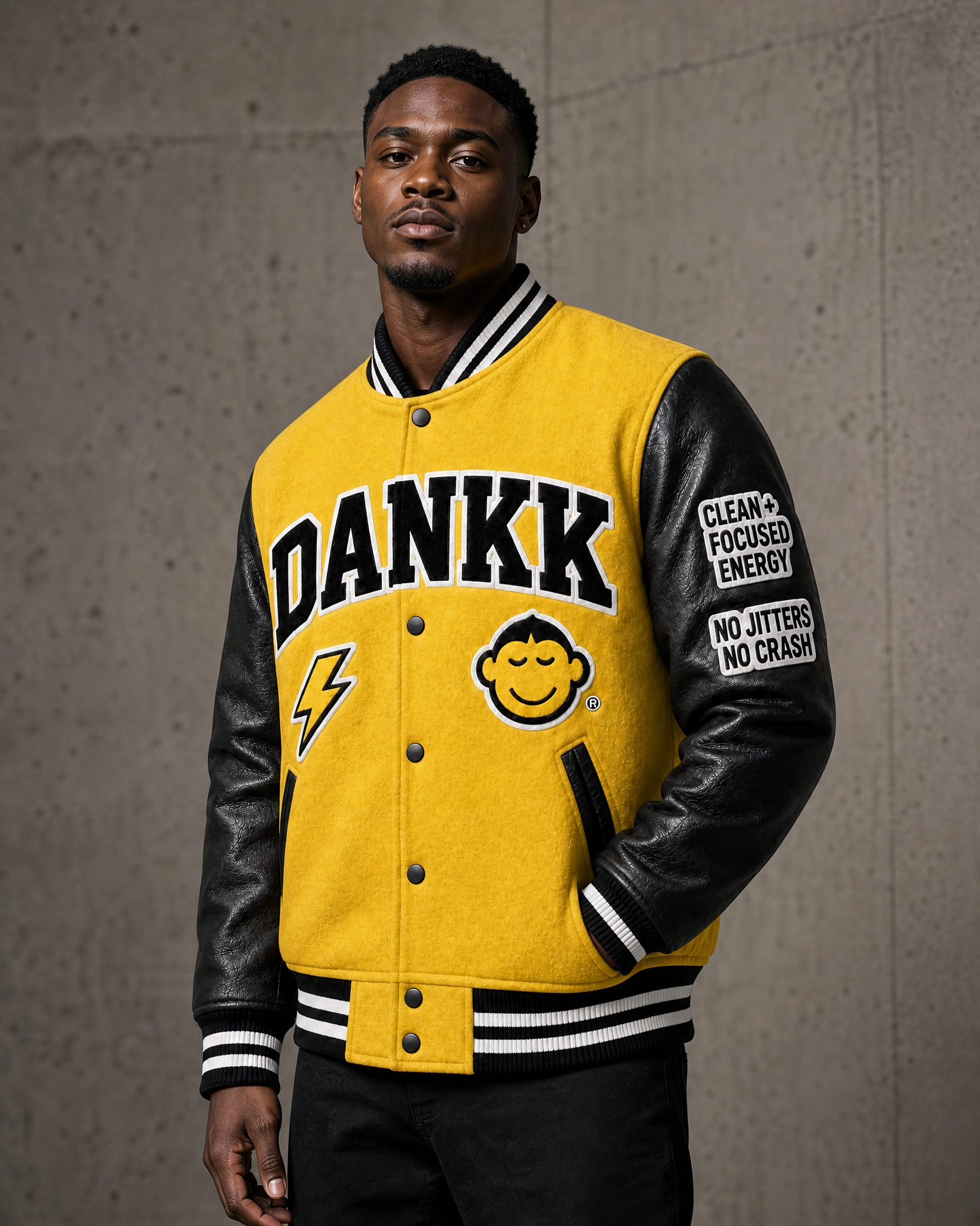 Model wearing the yellow DANKK varsity jacket, front view