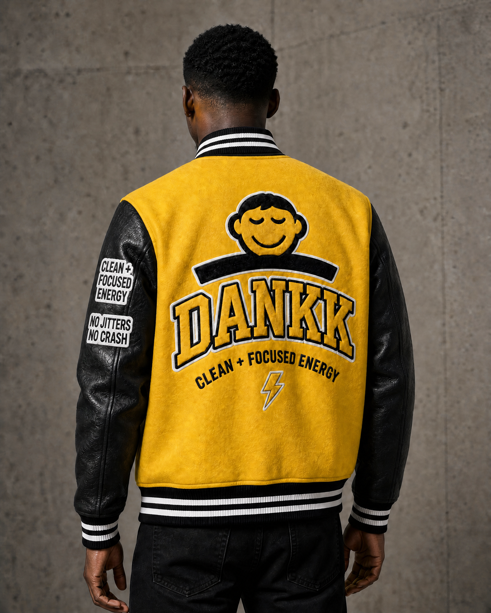 Yellow DANKK varsity jacket, back view with DANKK chenille lettering