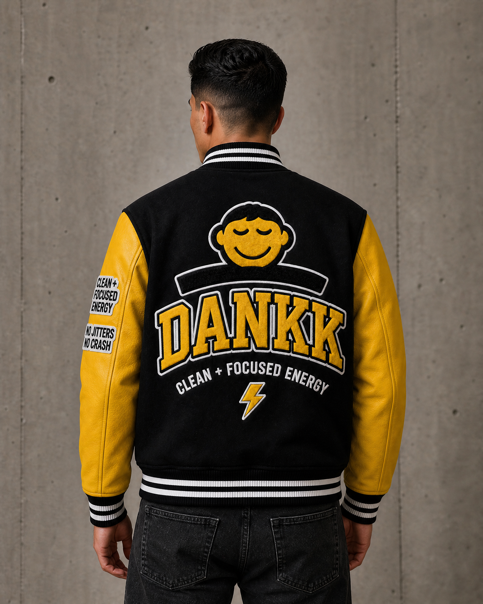 Black DANKK varsity jacket, back view with DANKK chenille lettering