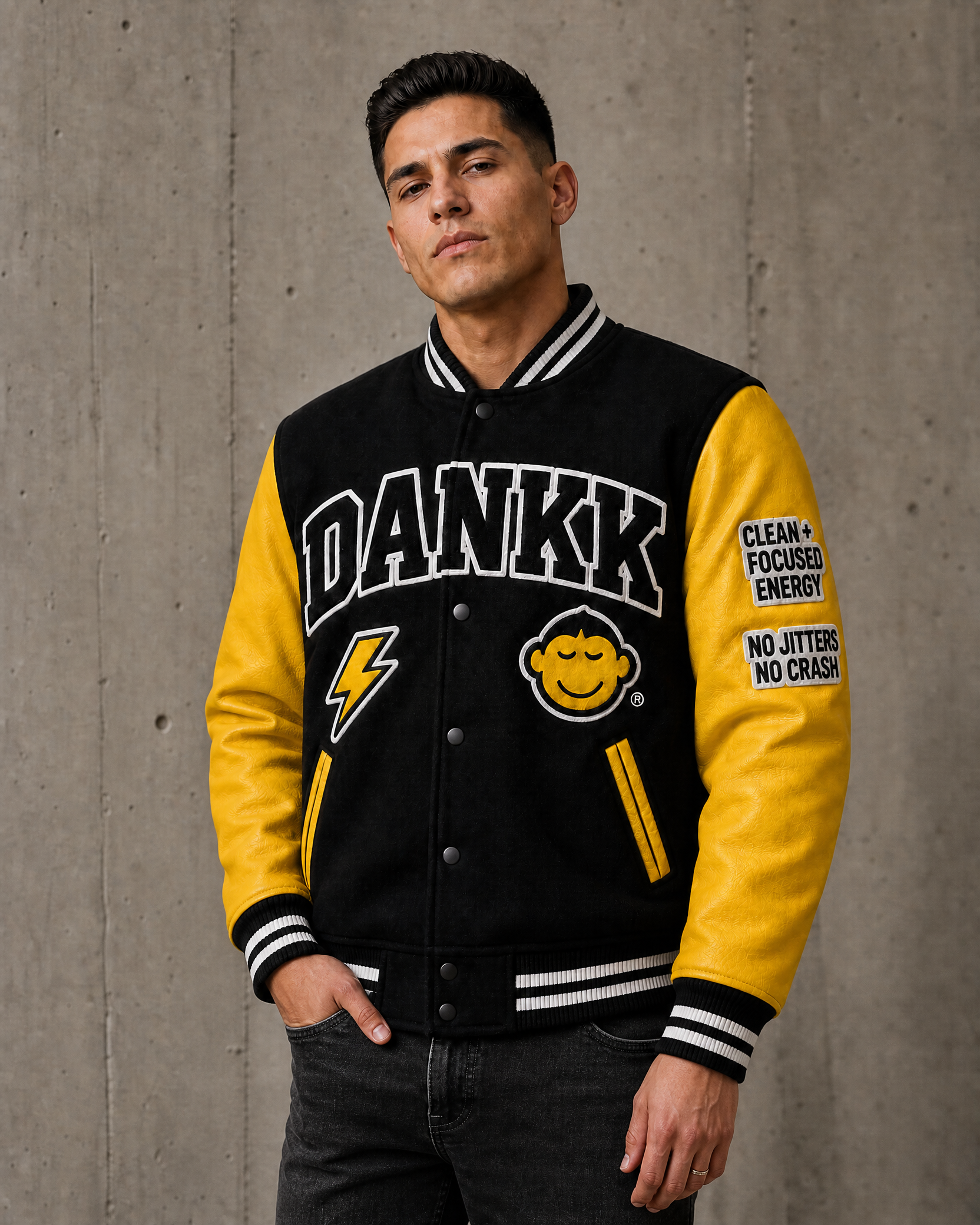 Model wearing the black DANKK varsity jacket, front view